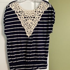 Express Navy and Cream Knit Blouson Top with Embroidered Lace Detail in Back